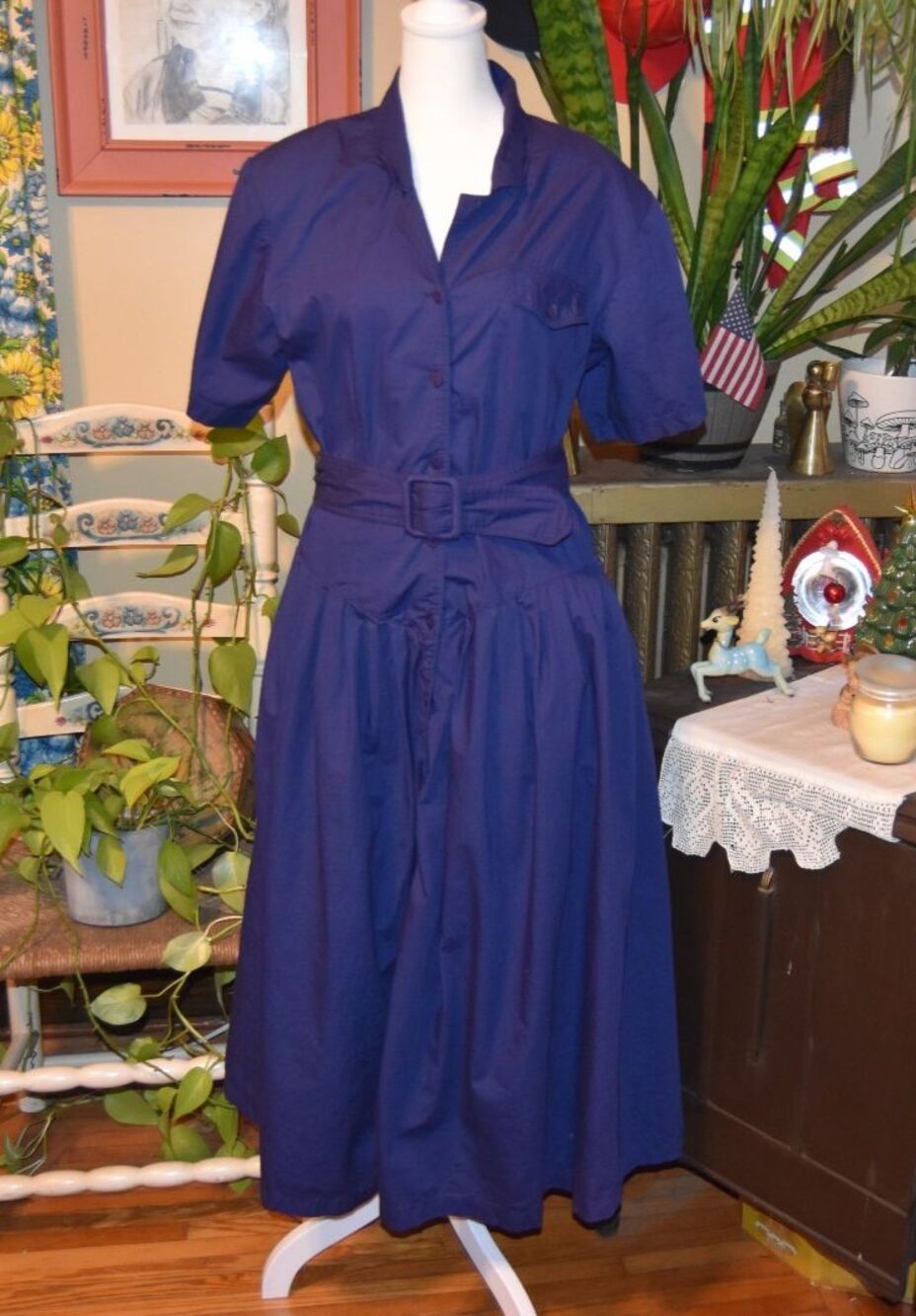Vintage 70s-80s Adini Shirtdress A-Line Skirt w-Belt Navy Blue Cotton Size Large